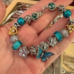 Pandora Silver and Blue Charm Bracelet
